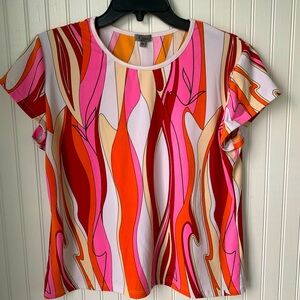 Caia (XL) Top, round neck, short sleeve; Slenderizing multi colored pattern